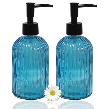 Imagem de Conjunto de dispensador de sabão de vidro azul com bomba preta, dispensador de sabonete líquido recarregável de 382 g, dispensador de loções para decoração de casa moderna, bancada de cozinha