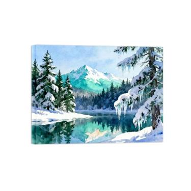 Imagem de Arte de parede paisagem imagem em tela - neve montanha floresta lago decoração moderna impressão pintura para sala de estar pronto para pendurar 90x117cm35x46in tela embrulhada