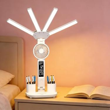 Imagem de niccryle Lâmpada de mesa de LED dobrável com ventilador e luz de leitura, 3 modos de iluminação, luminária de mesa ajustável com suporte para caneta, acessórios de proteção ocular, porta de