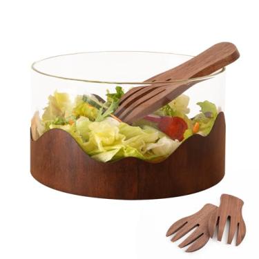 Imagem de YUHFERA Conjunto de tigela de salada de madeira - com pinças de madeira de nogueira para servir, tigela de refeição leve de vidro decorativa com utensílios de servir, tigela de salada elegante com
