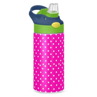 Imagem de JUZIHAI Garrafas de água infantis de bolinhas brancas com fundo rosa, 355 ml, isolada a vácuo, com tampa de palha, copo de viagem à prova de vazamento