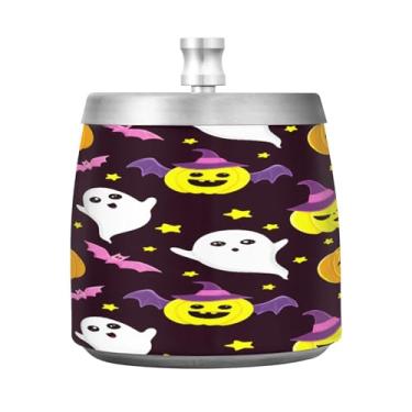 Imagem de Qilmy Cinzeiro de aço inoxidável Cute Ghosts com tampa - Cinzeiro de cigarro à prova de vento sem cheiro sem fumaça para casa, escritório, carro, pátio, varanda (uso interno e externo)