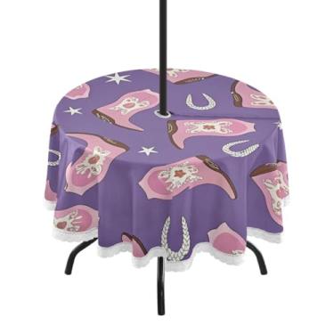 Imagem de Qilmy Botas de cowboy Toalha de mesa redonda impermeável de 152 cm com orifício para guarda-chuva e zíper – Uso externo / interno resistente para pátio, churrascos, piqueniques, festas (serve para