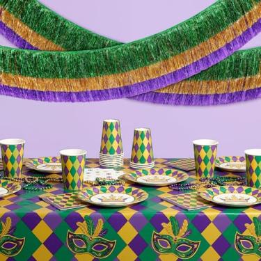 Imagem de Tingjoo Pacote com 2 decorações de festa de carnaval de 1,8 m verde dourado roxo franja guirlanda de franja em camadas banner para desfile de carnaval boia aniversário casamento chá de bebê feriado