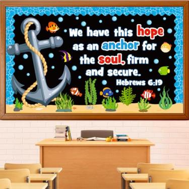 Imagem de Conjunto de decoração de quadro de avisos cristão da escola dominical, decoração religiosa para sala de aula VBS Lord decoração de sala de aula debaixo do mar, recortes de peixes, bíblia, escola
