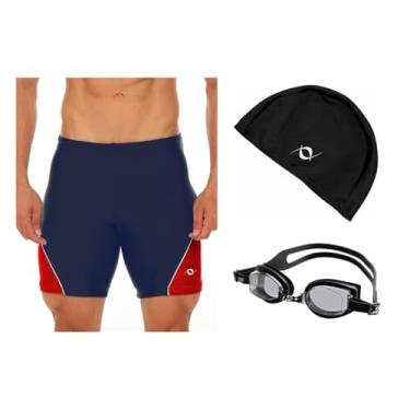 Imagem de Kit Bermuda Natação Touca Silicone E Óculos UV+ Anti Embaçante (Marinho/Vermelho Óculos - Preto, P)