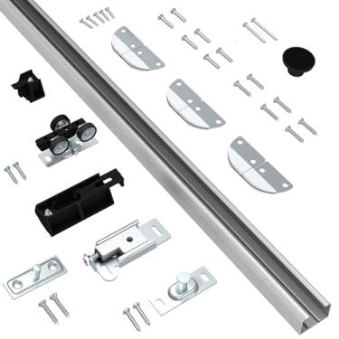 Imagem de Kit de ferragens de porta de armário dobrável de 71 cm para 2 portas, ferragens de porta de celeiro dobrável de alumínio, kit de ferragens de porta dupla montado na parte superior para banheiro
