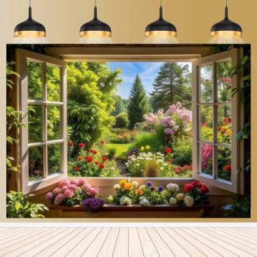 Imagem de Pano de fundo de janela de jardim primavera verão para fotografia floral natureza paisagem flores e árvores flores vibrantes decorações de festa banner casamento chá de bebê suprimentos de festa 2,7 x