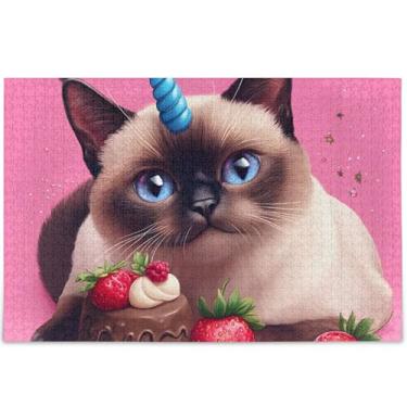Imagem de Quebra-cabeça fofo gato siamês unicórnio rosa 500 peças adultos amantes presentes família quebra-cabeça personalizado rígido para adultos família brinquedo arte, 52 cm x 37,8 cm