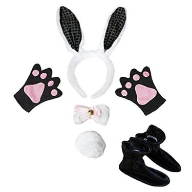Imagem de Petitebella Tiara de orelha de coelho com laço e luvas de cauda 5 peças fantasia 1-5 anos (branco/preto lantejoulas, tamanho único)