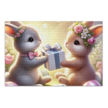 Imagem de Jigsaw 1000 quebra-cabeças para adultos bonito romântico troca de coelho pintura arte floral divertido quebra-cabeça Prime família presentes de elefante branco, 75 x 40 centímetros
