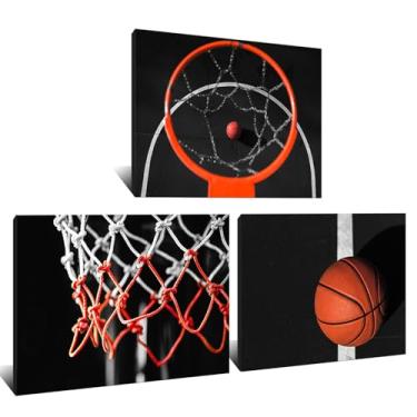 Imagem de Kalormore Arte de parede de basquete em tela esportiva preta e branca com 3 peças de cesta de basquete antiga, pôsteres de redes de basquete para quarto, academia, decoração de quarto, presente para