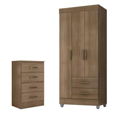 Imagem de Guarda Roupa Solteiro 3 Portas E Cômoda 4 Gavetas Lite Carvalho Oak - Móveis Leão