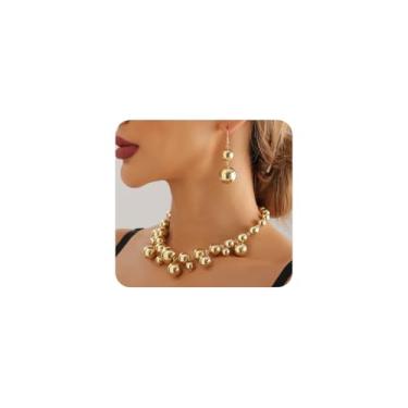 Imagem de Navirix Conjunto de brincos de gargantilha com contas de ouro grosso para mulheres, colar grande exagerado, ajustável, moderno, festa, formatura, joia, Large, Metal, Sem Pedra Preciosa