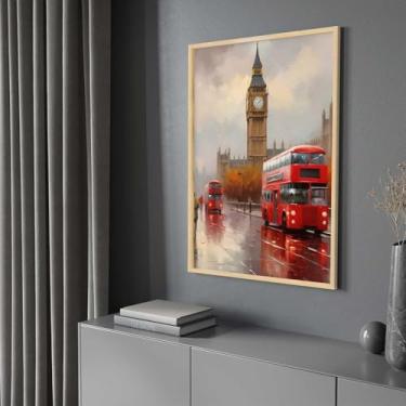 Imagem de Quadro Decorativo com Moldura Paisagem de Londres em Vermelho Vertical para Sala Quarto e Hall