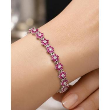 Imagem de Pulseira Flores com Zircônia Rubi em Prata 925 Joia Feminina - Difenet