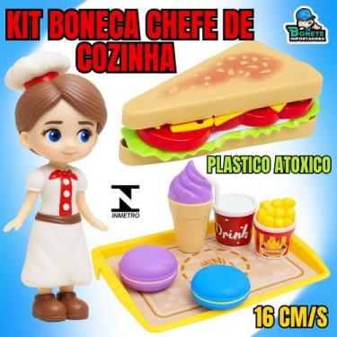 Imagem de Kit Boneca Chefe de Cozinha Infantil + Acessórios Sanduíche e Lanche B