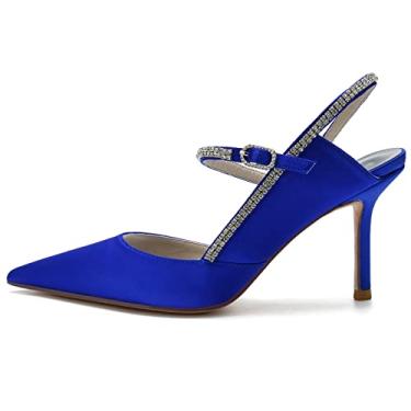 Imagem de Sandália feminina com tira no tornozelo bico fino Slingback strass cetim sapato, Azul, 10.5