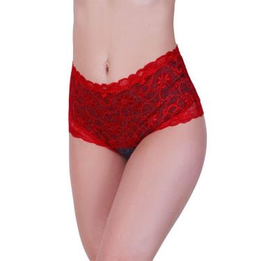 Imagem de Calcinha confortável laterais largas cós alto mescla em renda de poliamida vermelha