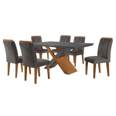 Imagem de conjunto de mesa de jantar retangular com tampo de vidro genova e 6 cadeiras itália veludo grafite e imbuia