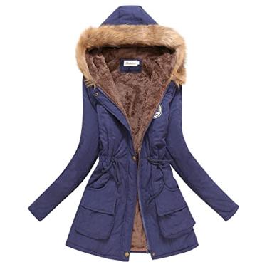 Imagem de Casaco feminino felpudo de lã com zíper Parkas jaquetas térmicas com capuz com cordão na cintura inverno à prova de vento para uso externo com bolso, B#_azul-marinho, 3G