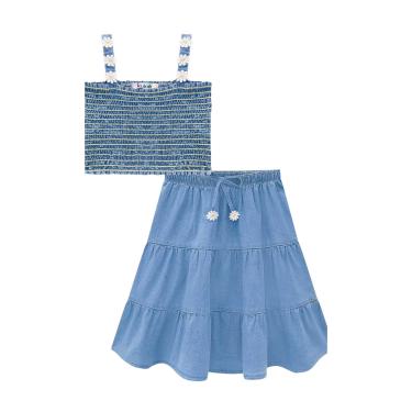 Imagem de Infantil - Conjunto de Blusa Cropped e Saia Midi em Jeans Liz Kukiê 8 Azul  menina