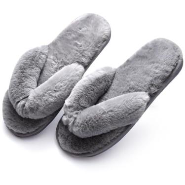 Imagem de Chinelo feminino respirável peludo quente chinelos macios antiderrapantes reutilizáveis dedo aberto confortável chinelos planos para, Cinza, One Size