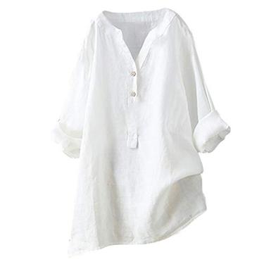 Imagem de Blusas femininas de verão 2024 camisas de linho casuais soltas gola V meio botão túnica blusa de verão de manga comprida lisa 3/4, Ofertas relâmpago branco, M