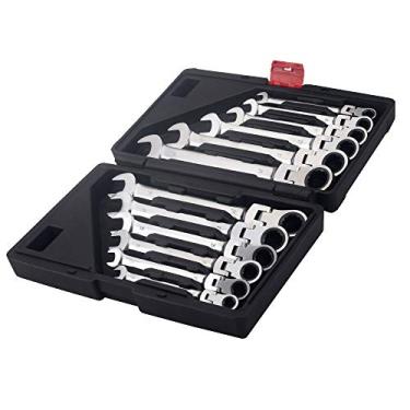 Imagem de FLZOSPER 12 peças. Conjunto de chaves de catraca de cabeça flexível Tightspot, chave inglesa de acesso rápido CR-V métrica de 8-19 mm com caixa de ferramentas portátil (12 peças Chave de cabeça