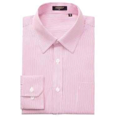 Imagem de HISDERN Camisa social masculina casual xadrez abotoada manga longa formal negócios camisa guingham para homens, Listrado rosa, P