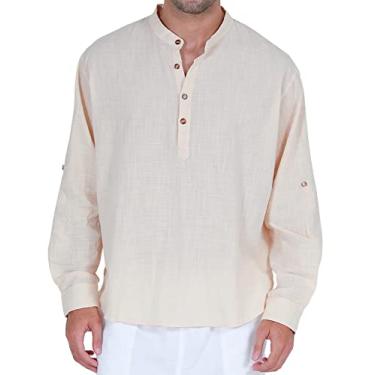 Imagem de Fashonal Camisa masculina de algodão e linho Henley manga comprida, Bege, XG