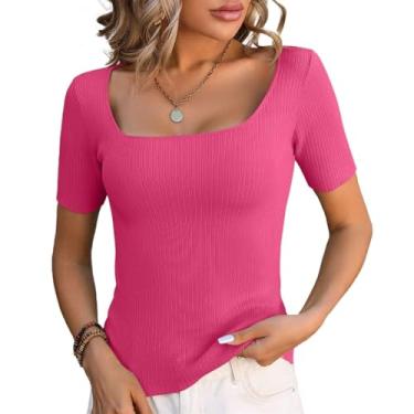 Imagem de ZZIDOU Camiseta feminina meia manga gola quadrada 2024 verão apertado moletom de seda gelo manga curta, rosa, GG