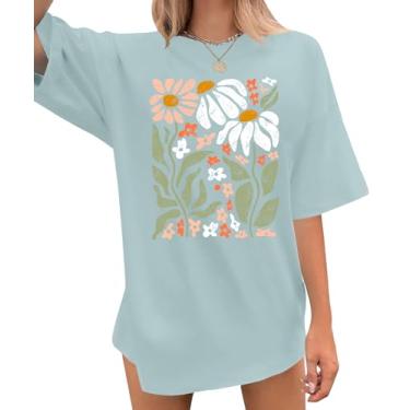 Imagem de CAZYCHILD Camisetas estampadas femininas grandes com estampa de flores, boêmio, flores silvestres, casual, verão, tops, Azul-claro, XXG