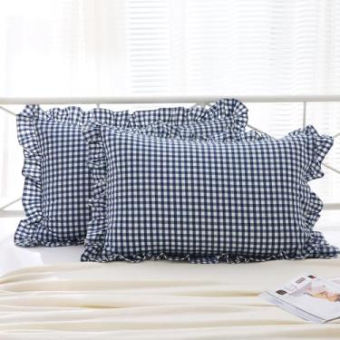 Imagem de K MASANIJI Pacote com 2 fronhas tamanho king guingão xadrez azul marinho e branco, 100% algodão lavado, capas de travesseiro de cama quadriculadas para casa de fazenda - 50 x 91 cm