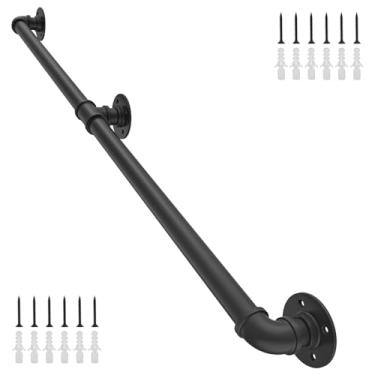 Imagem de OKAYAUTO Corrimão de escada industrial de 1,8 m, corrimão de escada para escadas externas e internas, corrimão de varanda (1,5 metros), degraus, cano de ferro preto.