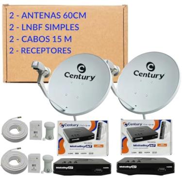 Imagem de Kit 2 Antenas Parabólicas Ku Century 60cm + 2 Receptor Midiabox B7+2 LNBF Simples Universal + 2 Cabos 15m
