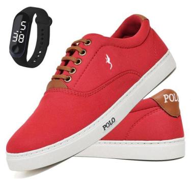 Imagem de Kit Tênis Casual Masculino Lona + Relógio Digital - Polo Blu, 46, Verm
