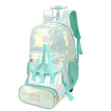 Imagem de Mochila Escolar Rodinhas + Lancheira + Estojo Duplo Barbie Metalizada 