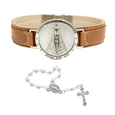 Imagem de Pulseira de Couro Magnética Feminina Caramelo Nossa Senhora Aparecida 