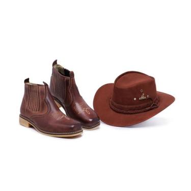 Imagem de Kit Botina Chapéu Masculina Couro Legitimo Cowboy Country Roça Boiada 