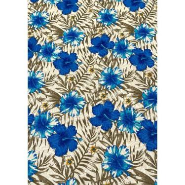 Imagem de Tecido Jacquard Estampado Hibisco Azul Fundo Branco - 1,40m de Largura