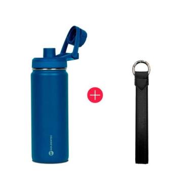 Imagem de Garrafa Térmica Inox 750ml Azul + Alça Preta Goldentec