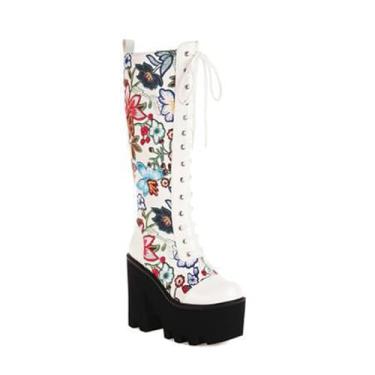 Imagem de Rock88 Botas de cano alto plataforma com estampa floral, calçado feminino estilo urbano com salto grosso, botas com zíper lateral para festa, Branco, 38