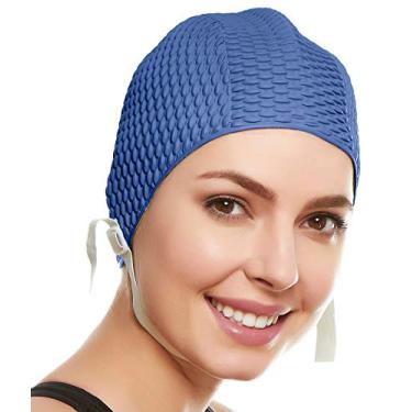 Imagem de Touca de natação de látex - touca de natação feminina elegante ótima para mulheres, perfeita para manter o cabelo seco - adequada para cabelos longos - crepe bolha com alça de queixo - azul-marinho