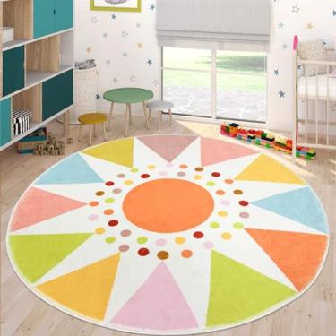 Imagem de Lacomfy Tapete infantil 1,5 m redondo boho tapete de sol círculo infantil tapete colorido sala de aula quarto sala de jogos tapete para meninos meninas tapete para crianças tapete abstrato moderno