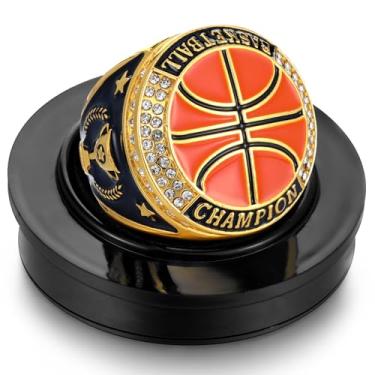 Imagem de Highergo Anéis de campeonato com suporte de exibição e corrente de pescoço tamanho 11 futebol futebol basquete vôlei anéis campeão anéis troféu esporte presente de prêmio para vencedor torneio