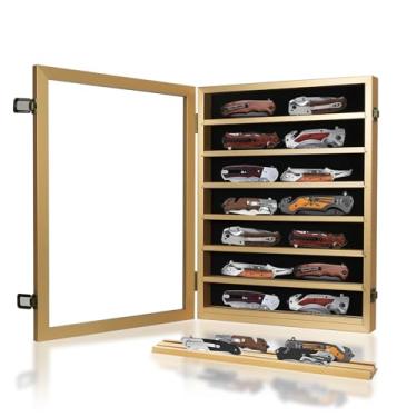 Imagem de Estojo de exibição de faca para armazenamento de canivete de bolso, estojo de madeira com vidro temperado HD, armário de exibição de bloqueio com 7 prateleiras removíveis, estojos de faca montados na