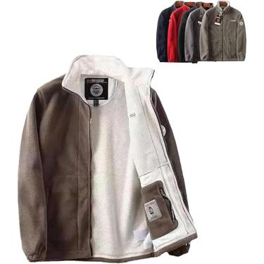 Imagem de Jaqueta quente acolchoada unissex de camada dupla, jaqueta masculina com capuz de lã de camada dupla, casaco leve de lã polar à prova de vento com zíper completo, cáqui, XXL