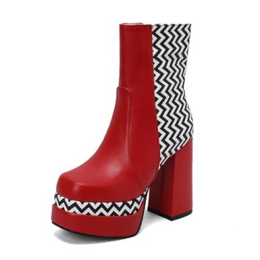 Imagem de Rock88 Botas de tornozelo femininas, botas de plataforma com design em ziguezague e zíper lateral, botas curtas com salto grosso para festa ou festival de música, vermelha, 45