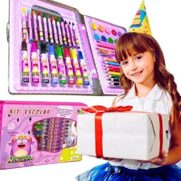 Imagem de Kit escolar material infantil lapis de cor borracha canetinhas coloridas giz de cera apontador regua tinta pincel papelaria masculino maleta de pintura estojo presente menino volta as aulas (Rosa)